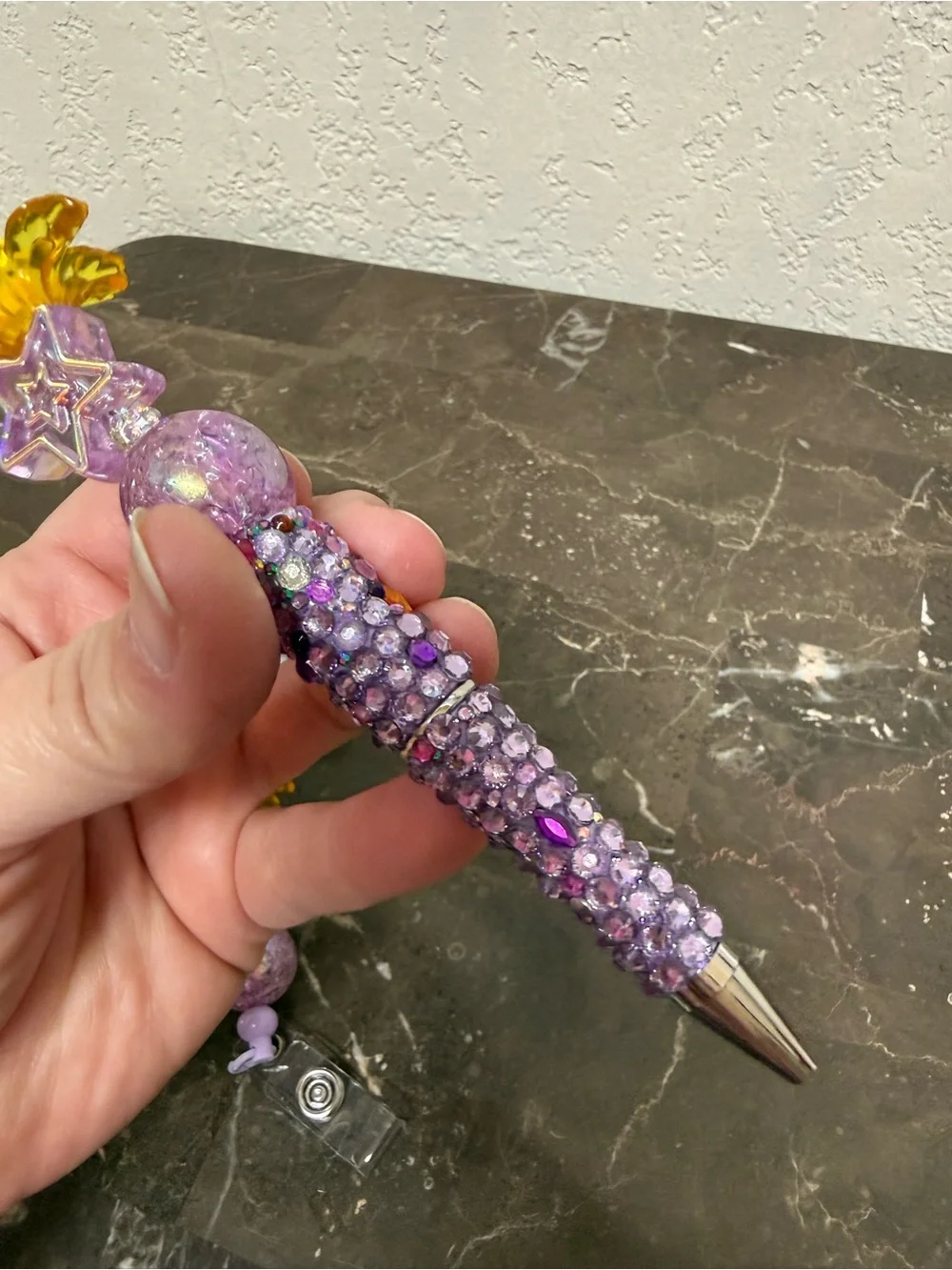 Purple Front Desk Staff Rhinestone Beaded Pen and Matching Badge Reel Handmade